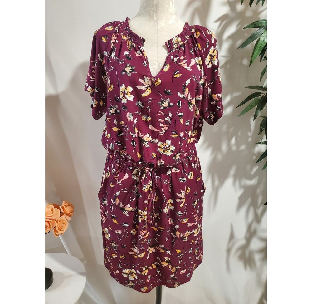 Garnet Hill Tie Waist Floral Dress Sz L Burgundy Pockets Tencel Lyocell Stretch